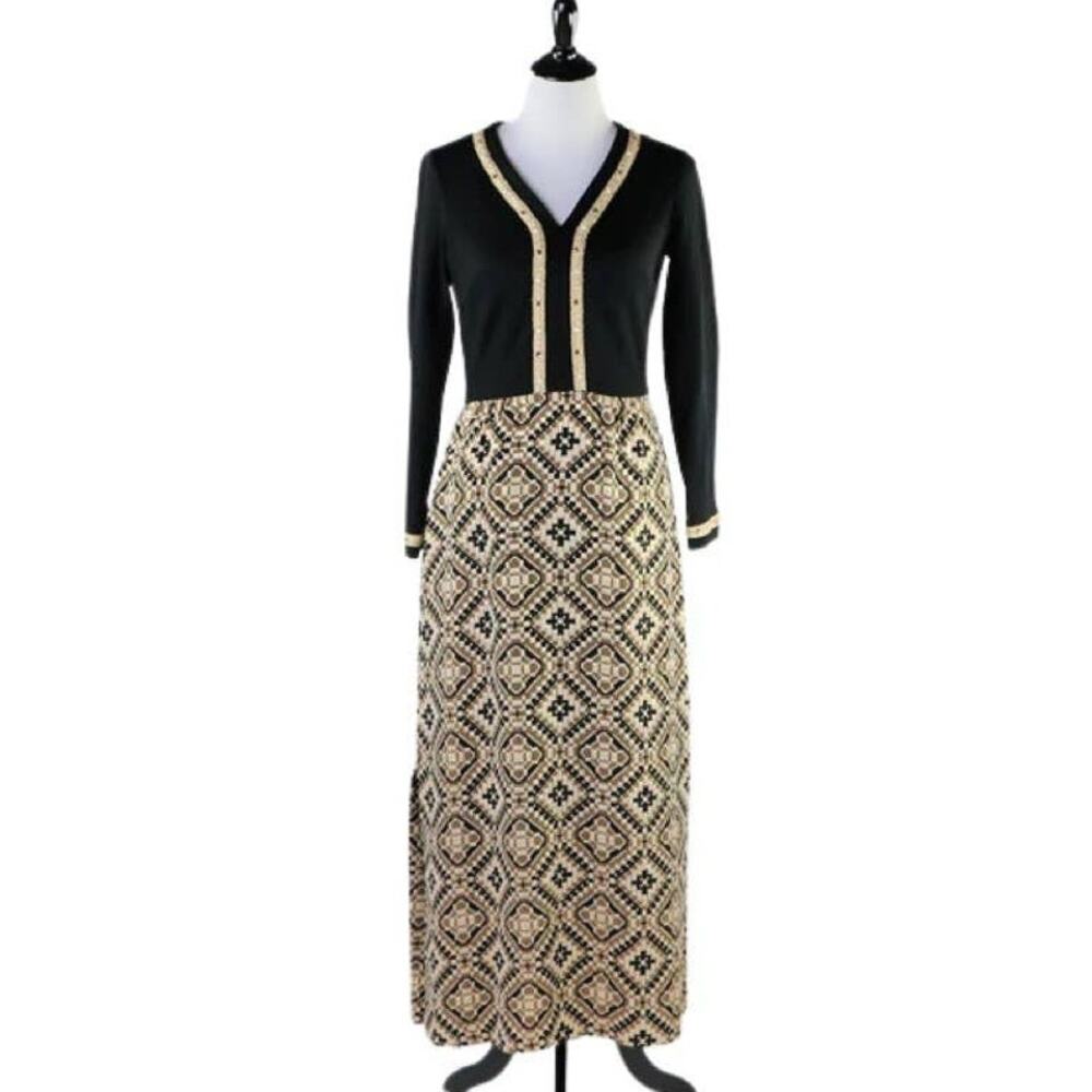 Vintage Black R&K Knits Hostess Evening Gown Metallic Gold Printed Skirt Size M